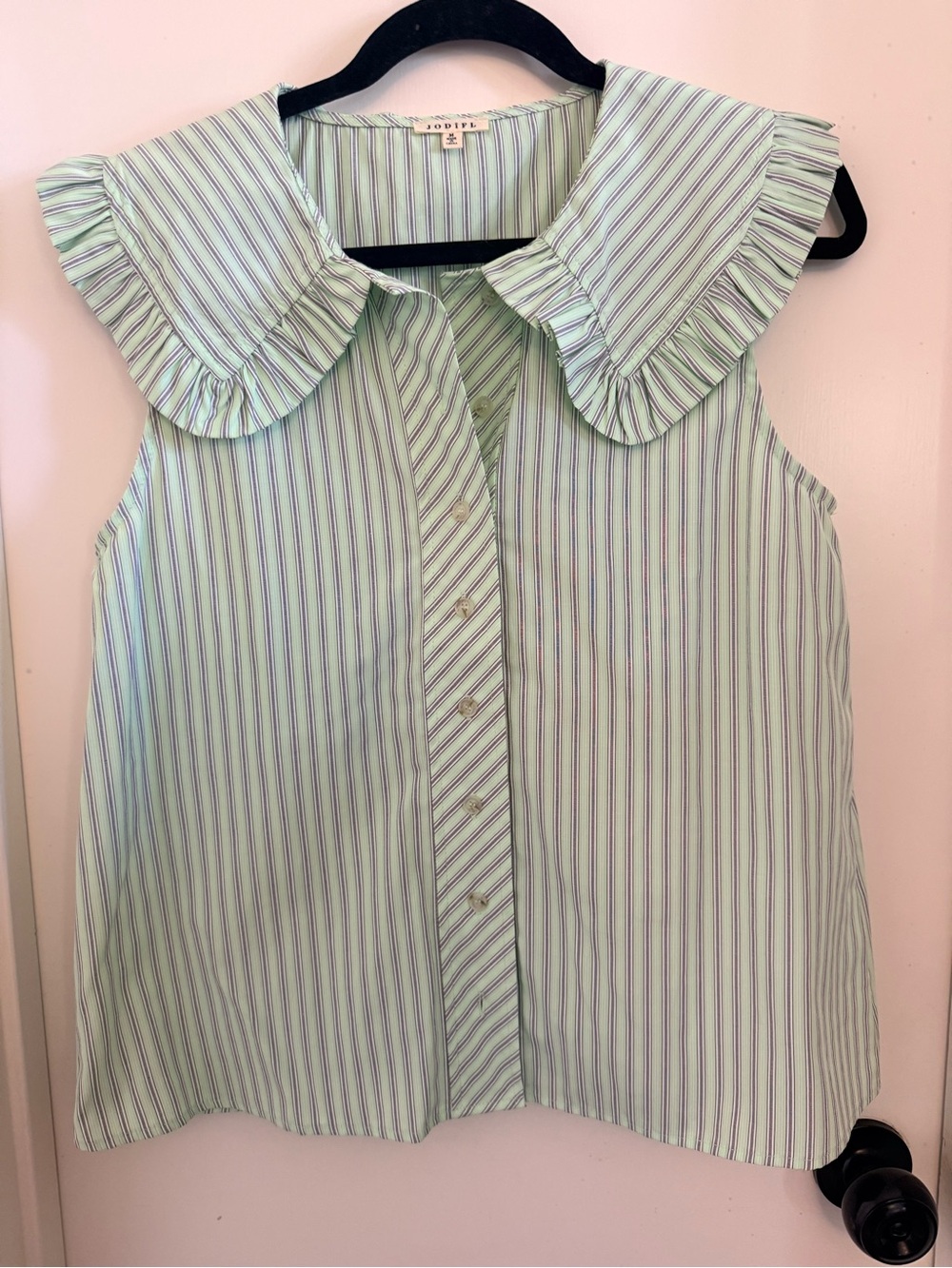 JODIFL Mint Green and Purple Striped Sleeveless Blouse with Ruffle Collar